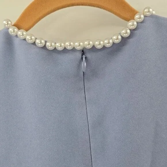 Rickie Freeman For Teri Jon Elegant Blue Pearl Embellished Dress - Picture 4 of 6